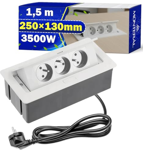 Bloc Prise Encastrable Plan de Travail 250x130 mm avec Cordon 1,5 m avec 3 Prises de Type Français 3500W - Prise Escamotable Plan de Travail Couleur Blanche - Garantie de 10 Ans - MONTERAL