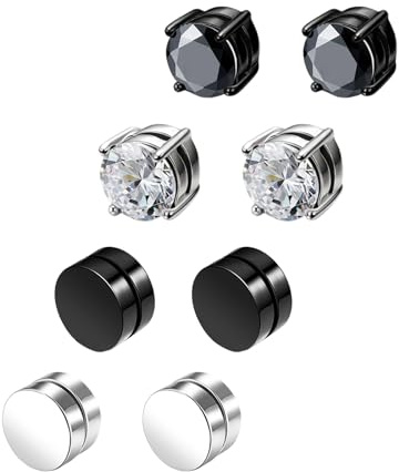 4 Paar Magnet Ohrringe Herren, Magnetohrringe, Magnet Ohrstecker, Kein Piercing, Magnetischer Ohrstecker für Mann Damen, 8mm (Silber, Schwarz)
