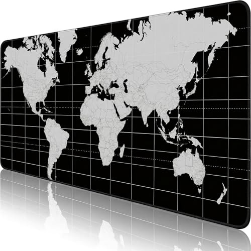Preocea Black World Map Gaming Mouse Pad, Large Extended Desk Mat, Non-Slip Rubber Base Keyboard Mouse Pad, with Stitched Edges for Office Home Laptop(88 x 40 cm)