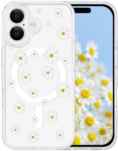 Tcaraersing Magnetic Case for iPhone 16 Plus 6.7, Compatible with MagSafe, Floral Clear Shockproof [Hard PC Back & Soft TPU Edge] Slim Cover for Women Girls, Nice Daisy