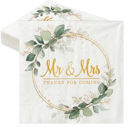 COMOOKA 50 Stück Mr & Mrs Servietten Hochzeit mit Eukalyptus Motiv | Hochzeitsservietten mit Eukalyptus-Kranz Design, Mr & Mrs Deko Hochzeit, 2-lagige Papierservietten für Tischdeko Hochzeit