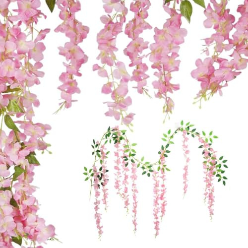 KASESSS 2 Pcs Pink Artificial Flowers Garlands, 180cm Fake Flowers Artificial Wisteria Vine Garland, Artificials Hanging Plants, 60cm Blossom Flower Garlands for Ceremony Home Garden Backdrop Wedding