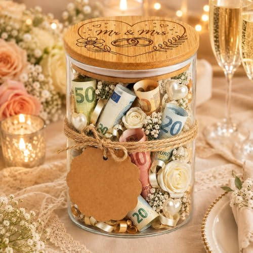Glas Dose Hochzeitsgeschenk Mit Bambusdeckel Gravur, Kreative Hochzeitsgeschenke Für Brautpaar Geld Verpackung, Originelles Geldgeschenk Hochzeit Set Mit Anhänger