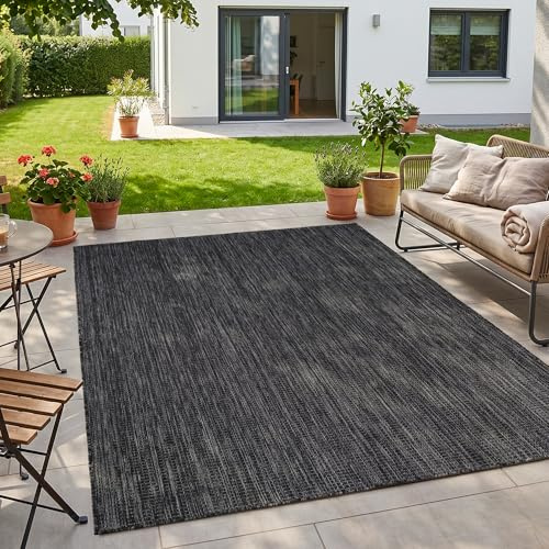 HomebyHome Outdoor Teppich Schwarz 140x200 cm Balkon Terrasse Garten Wetterfest UV-beständig Mittel Groß Einfarbig Flachgewebe Pflegeleicht Robust Modern