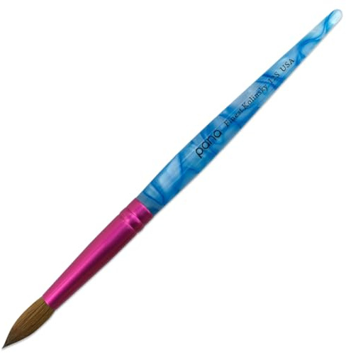 PANA Pure Kolinsky Brosse à ongles en acrylique pour cheveux - Forme ronde - Virole rose avec manche bleu tourbillon blanc (taille 12) - Pinceau à ongles en acrylique - Extension d'ongles, manucure