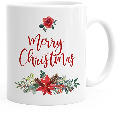 Autiga Tasse Weihnachten traditionell Merry Christmas Blumen Weihnachtsstern Christstern Teetasse Kaffeetasse Weiss unisize