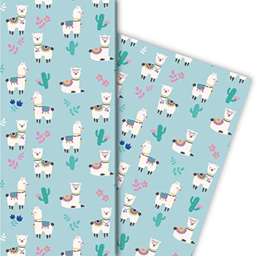 Kartenkaufrausch Fröhliches Lama Geschenkpapier Set mit Kaktus und Lamas für liebevolle Geschenkverpackung 32 x 48cm, 4 Bögen zum Einpacken für Geburtstage, Kinder, Teenager, hellblau