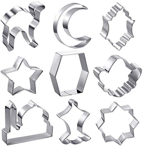 9 Stück Eid Mubarak Ausstechformen Eid Ramadan Keksformen DIY Keksausstecher Edelstahl Fondant Ausstecher mit Laterne Kamel Mond Stern Design für Eid Mubarak Urlaub Party Supplies