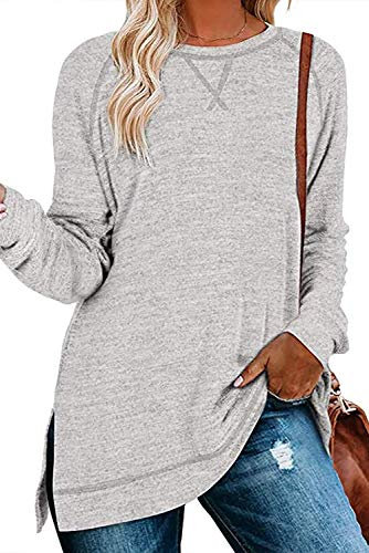 FANGJIN Damen Pullover Lang Oberteile Winter Longshirt Langarm Elegant Longpullover Sexy Kleidung Sweatshirt Hellgrau Größe (44 46) XL