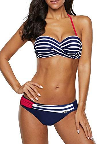 Dokotoo Bandeau Bikini Damen Push Up Zweiteilige Badeanzug Bademode Bikini Set, 01-Blau, L