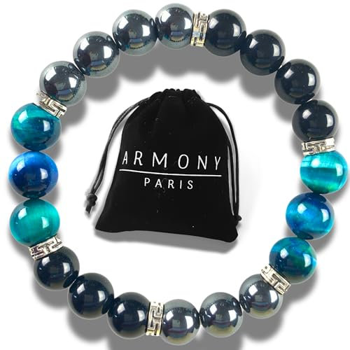 ARMONY PARIS Armband aus Naturstein, Schutz, Chakra, für Paare, Damen und Herren, Tigerauge, Hämatit, Obsidian, Schwarz, Perlen 10 mm oder 8 mm, hergestellt in Frankreich, 10 mm, Stein, 10 mm, Stein