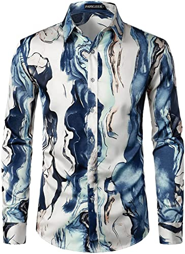 PARKLEES Chemises pour homme Hipster en soie imprimée, coupe ajustée, manches longues, boutonnées en satin, L