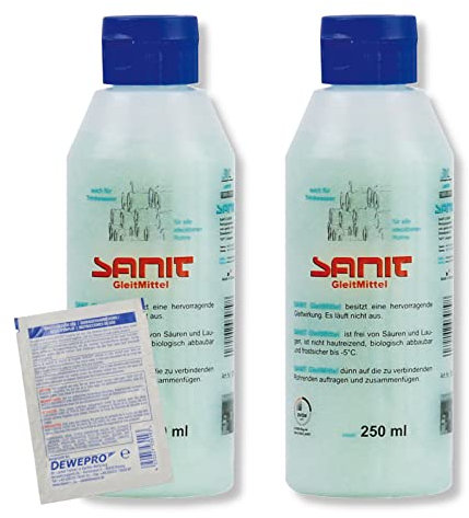 DEWEPRO-Set: SANIT GleitMittel (3079) - 2 Flaschen à 250ml - DVGW-zertifiziert - das perfekte Gleitmittel zur Montage aller Rohrverbindungen, inkl. 1 St. DEWEPRO® Single Scrubs