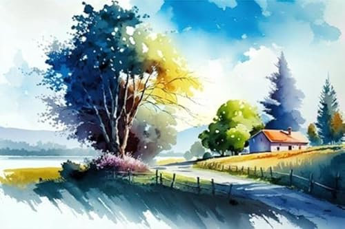 adrium Acryl-Bild 80 x 50 cm: Aquarellmalerei einer Landstraße mit einem Haus und einem Baum (200768989)