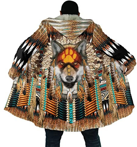 Native Wolf Animal 3D-Allover-Bedruckter Mantel, Dicker, Warmer Kapuzenmantel Für Herren, Fleece, Unisex, Lässig, Winddicht