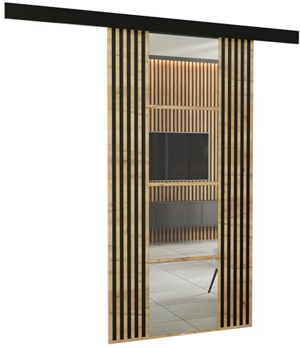 KIER FURNITURE Wandschiebetüren mit Spiegeln EMPI 100 – Schiebetür Komplettset Schiene Komplettset Mit Tür – Zimmertüren Mit Zarge Komplett - B106xH205xT1,6 cm - Eiche Craft Golden