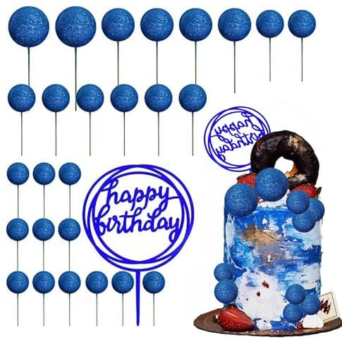 Tortendeko Kugeln Cake Topper,27 Stück Kuchendekorationen für Hochzeit, goldene Kugeln, Cupcake-Topper, alles Gute zum Geburtstag-Kuchen-Topper mit getrockneten Blumen, DIY-Kuchen-Topper (blau)