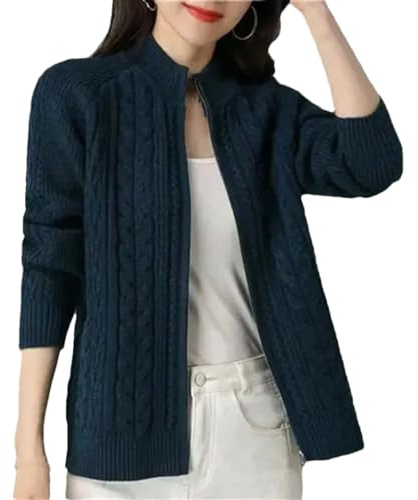 DBFBDTU Chaqueta de punto con cremallera de cuello medio alto para mujer, color sólido, manga larga, suéter grueso