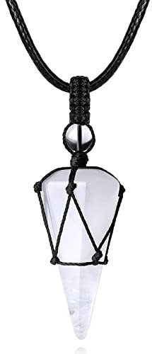 XIANNVXI Bergkristall Kette Herren Sechseckiger Kristalle Anhänger Kette Polierte Edelsteine Quarz Einstellbare Schwarzes Lederseil Steine Halskette Damen Schmuck