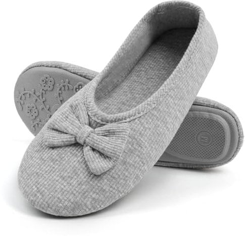 OFFCUP Ladies' Ballerina Slippers, 6UK-6.5UK House Shoes, Loafer Slippers with Elegant Bow and Memory Foam Cosy Lightweight House Shoes with Anti-Slip Soft Rubber Sole (Grey)