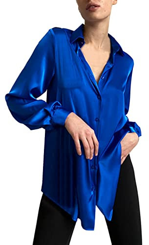 Generisch Chemisier Vert Bouteille élégant à Manches Longues pour Femme avec Satin Brillant Chemise Saumon Chemisier Femme, Bleu, L, Bleu, L