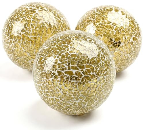 DomeStar 3PCS Decorative Balls, Mosaic Glass Orbs Centerpiece Balls 4inch Gold Orbs for Decorate Bowls Vases Tables Wedding Party