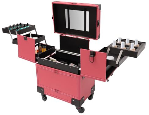 Make up Trolley on Wheels, Professional Makeup Trolley with Drawers(7 Compartments), Luggage Cosmetic Cases Large with Mirror, Rolling Makeup Train Case for Artist, 37 * 24.3 * 101 cm (Rose)