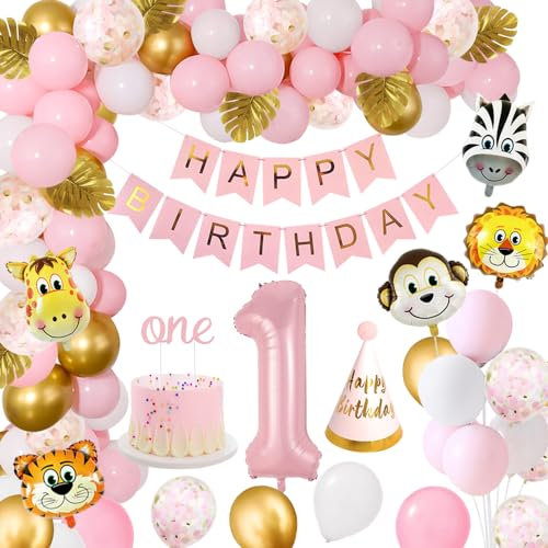 Geburtstagsdeko 1 Jahr Mädchen,Dschungel Kindergeburtstag Deko 1. geburtstag Rosa Luftballons Geburtstagsdeko,Happy Birthday Banner Dekoration für Mädchen Wild One Waldtiere Ballons 1. Geburtstag Deko