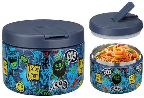 Itslife Termo para Comida 350ml, Taza Aislada de Acero Inoxidable para Alimentos Fríos y Calientes, Recipiente Térmico Apto con Cubrehebillas & Cuello Ancho para Escuelas, Oficinas Azul-Monstruo