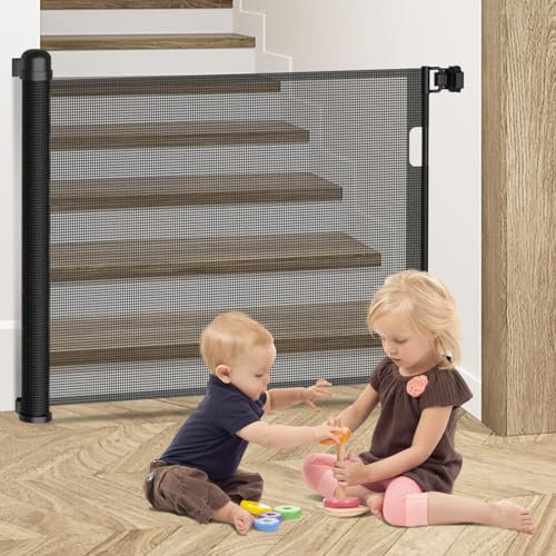 Kidsbuddy Barrera Seguridad Niños Escalera Retráctil，0-150cm Puerta Seguridad Extensibles para Bebés y Perros，Retráctil Vallas de Seguridad para Escaleras/Interiores/Exteriores/Puertas/Pasillos,Negro
