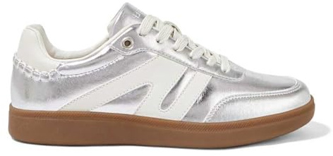 LUCKY STEP Women Classic Retro Gum Sole Fashion Sneakers Casual Tennis Skate Shoe Genuine Leather Walking Footwear Anti Slip Trainers (Silver, 6US-36EU-3UK)
