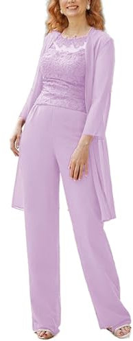 Vestido de 3 piezas para madre de la novia, vestido de invitada de boda, vestido de gasa con ilusión de encaje, vestido de noche, Lila, 2