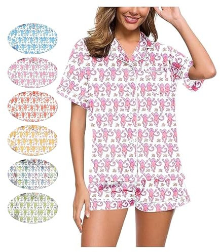 NPSMOPC Womens Rabbit Monkey Print 2 Piece Womens Roller Rabbit Pajamas Y2k Pajama Set Monkey Bunny Tiger Floral Pj Shorts (Pink,X-Large)