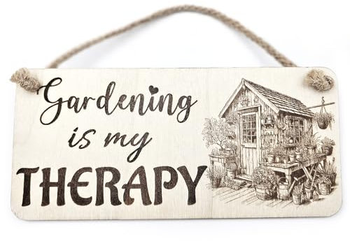 Gardening is My Therapy Quote Decorative Wall Plaque With A Potting Shed and Flower Bench Hanging Bar Pubshed Sign Garden Sayings Gift Ideas For Mum Dad Sister Wife Husband or Farmer