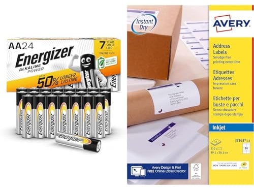 Energizer AA Batteries, Alkaline Power, 24 Pack, Double A Battery Pack - Amazon Exclusive & AVERY J8163-15 Pack of 210 Inkjet Labels 99/1 x 38/1 mm White