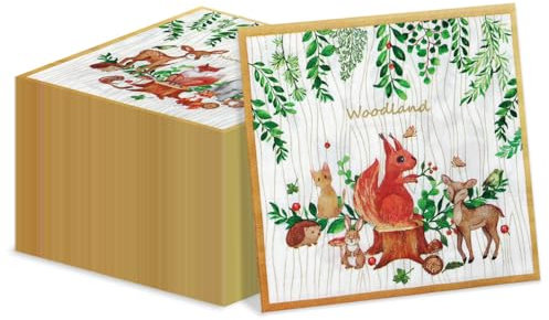100Pcs Woodland Party Servietten x113 x 13inch Tier Baby Dusche Servietten, Forest Friends Fox Deer Dinner Lunch Paper Serviette für Woodland Baby Dusche Dekorationen Wald Party Dekorationen