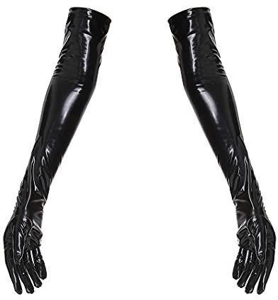 Yuetide Womens PVC Leather Long Gloves Stretchy Metallic Wetlook Patent Leather Gloves Nightclub Dancewear Black S