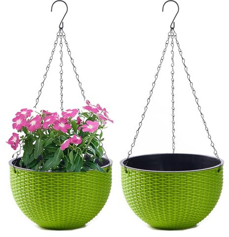 WOWEI Blumenampel Hangend 2er Set Hängeampel mit Wasserspeicher & Ablaufloch Selbstbewässerung Blumenampel Outdoor Indoor Hängeampel Pflanzen mit Ketten Blumentopf Hängepflanztöpfe (Grün, M:2 Set)