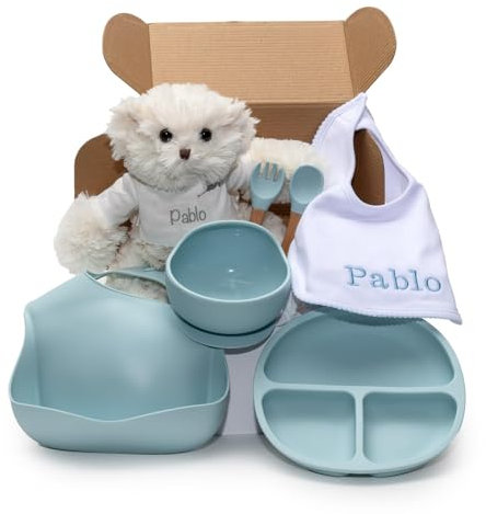 BebeDeParis | Regalo Ecológico Personalizado para Bebé, Set de Regalos para Niño/Niña, Vajilla de Silicona + Accesorios Personalizados (Azul, Vajilla + Babero + Oso)