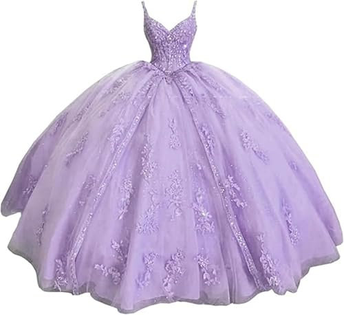 TSxuelian Vestido de quinceañera con tirantes delgados para mujer, vestido de baile con apliques de encaje, Lila, 36