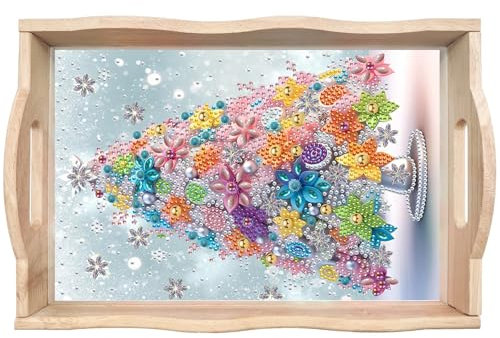 Lebartm Vassoio da portata fai da te con diamanti per pittura artistica con diamanti, design creativo, vassoio in legno fatto a mano, piatto da pranzo, vassoio da colazione per caffè, soggiorno,
