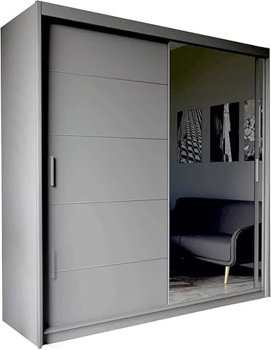 FURNITUREWAVE Vista Double Sliding Door Mirror cupboard, 2 Door cabinet with Hanging Rails & Adjustable Shelves, Space Saving Wardrobe for Bedroom (Grey, 180cm)