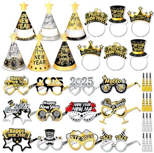 DPKOW Accessori per Capodanno 2026, 36 Pezzi Buon Anno Nuovo Cerchietto Cappellini per Feste di Capodanno Occhiali di Carta, Cotillon Gadget Capodanno 2026 Foto Props Accessori, Nero Oro Argento