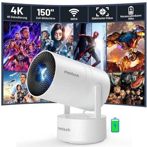 [Eingebauter Akku] Mentech X3 Mini Beamer 4K Heimkino, Mini Projektor, Beamer WiFi6 und BT5.2 mit Android OS, Auto Trapezkorrektur, 180-Grad-Winkel, 150-Zoll-Display für Phone/PC/Xbox, HDMI