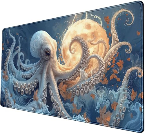 Gaming-Mauspad mit Oktopus-Motiv, Größe XL, 80 x 39,9 cm, Oktopi-Schreibtischunterlage, Blau, erweitertes ästhetisches Tastatur-Mauspad, Gamer-Geschenke, Geschenk für Sie und Ihn, Weiß