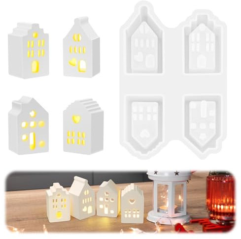 Silikonformen Gießformen Häuser, 4 Stück Silikonform Haus Kerzenhalter Gießform, DIY Gießform Häuser Silikonform Häuser, Mini Gießform Haus, Silikonform Ostern Gießformen Silikon Häuser(B-haus)