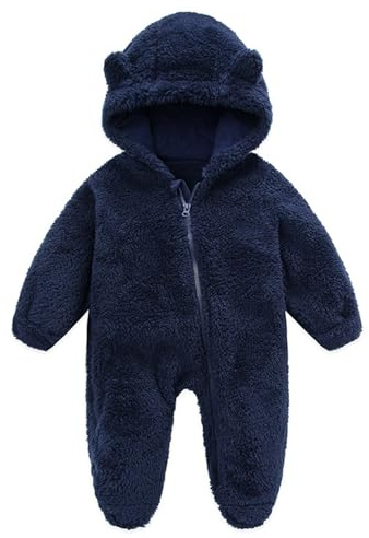 Siyova Baby Boys Girls Winter Jumpsuit Newborn Cute Bear Snowsuit Fleece Long Sleeve Footed Hooded Zipper Romper Winter Coat Outwear Warm Outfits (Navy Blue, 0-3 Months)