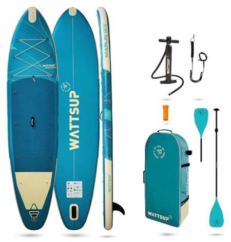 Wattsup - Aufblasbares SUP Stand Up Paddle Marlin 12'5-378x89x15 cm Dropstitch - Komplettset: 2-in-1 Paddel, Leash, Pumpe, Transporttasche - Bis zu 185 kg - Blau