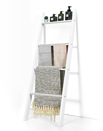 GOPLUS Toallero de 4 Niveles, Escalera Toallero de Madera, Estante Toallero Escalera, 4 Toalleros para Salón, 50 x 137cm (Blanco)