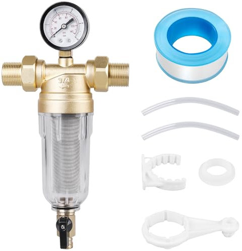 Wasserfilter Wiederverwendbare, Rückspülfilter 1 Zoll Wasser Vorfilter Sedimentwasserfilter, Ausspülbarer Feinfilter für Hausanschluss, Brunnenwasserschlauch, Hauswasserwerk Rohre(mit 3/4 Adapter)